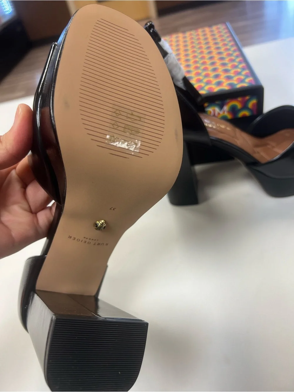 Kurt Geiger Black Patent Platform Sandals with Gold Crystal Medallion
